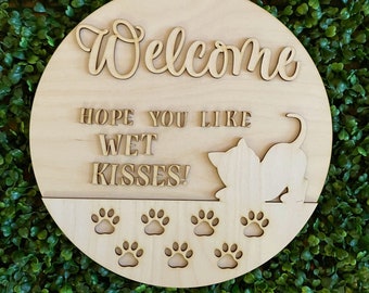 DIY wood sign - Cat Welcome Hope you like wet kisse unfinished cut out door hanger wall decor craft supply sign kit blanks round wreath sign