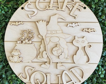 DIY Happy Halloween wood sign - Scare Squad cat witch Whimsy colorful October candy trick or treat bat