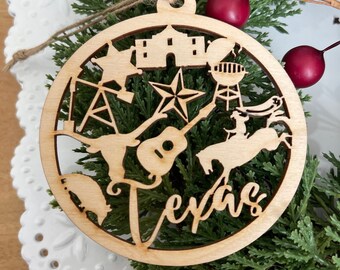 Texas Ornament - TX Lone Star State longhorn cactus Cowboys hat guitar armadillo Alamo 2023