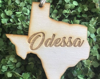 Odessa Texas Tag Ornament - City hometown TX souvenir keepsake memory state 2020 wood laser engraved skyline welcome gift home