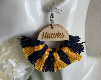 Hawks earrings - dangle statement fringe wood High School Pop Warner Flag Sports handmade jewelry team spirit