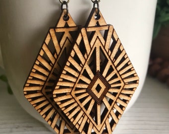 Geometric earrings Oak stain - dangle statement wood natural boho minimalist country rustic