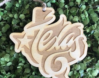 Texas Tag Ornament - Lone Star State City hometown TX souvenir keepsake memory 2022 wood laser welcome gift home