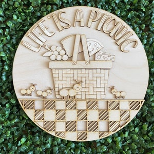 DIY wood sign - Life is a Picnic unfinished cut out door hanger wall decor craft supply sign kit blanks round wreath sign