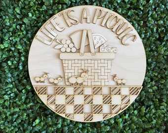 DIY wood sign - Life is a Picnic unfinished cut out door hanger wall decor craft supply sign kit blanks round wreath sign