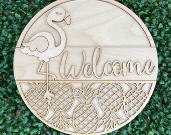 Flamingo Pineapple Welcome DIY wood sign -  unfinished cut out door hanger wall decor craft supply sign kit blanks round wreath sign