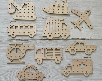Learning aid - Transportation theme - Lacing cards wood boards shoe tying aid with shoelace