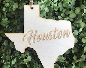 Houston Texas Tag Ornament - City hometown TX souvenir keepsake memory state 2020 wood laser engraved skyline welcome gift home