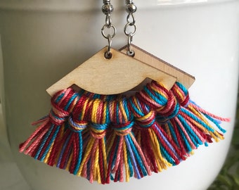 Fringe Earrings - dangle statement wood favor gift hoop boho confetti fiesta