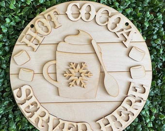 Hot Chocolate DIY wood sign - Hot Cocoa unfinished cut out door hanger wall decor craft supply sign kit blanks round wreath sign