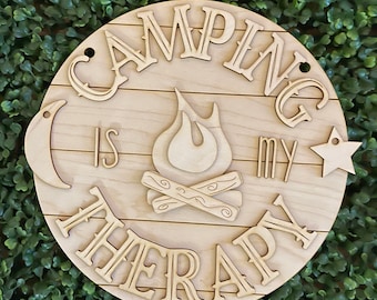 DIY wood sign - Camping is my Therapy unfinished cut out door hanger wall decor craft supply sign kit blanks round wreath sign