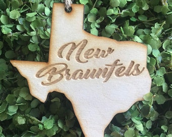 New Braunfels Texas Tag Ornament - City hometown TX souvenir keepsake memory state 2020 wood laser engraved skyline welcome gift home