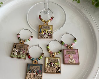 Wine glass charms Set of 5 - Friendship Party favor hostess gift place settings event decor sassy diva funny girlfriend hostess housewarming