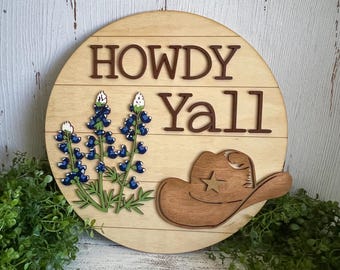 Texas Bluebonnet wood sign - Howdy Yall door hanger wall decor shelf sitter craft supply round wreath floral gift cowboy hat