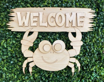 Crab DIY wood sign - Welcome Shack Saltwater unfinished cut out door hanger wall decor craft supply sign kit blanks round wreath