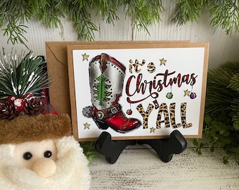 Texas Greeting Card - Blank note card Lone Star State Texan TX Longhorn Merry Texmas Y’all Cowboy Boot Christmas tree