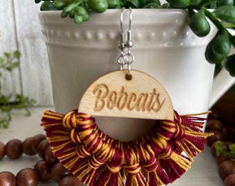 Bobcats earrings - dangle statement fringe wood High School Pop Warner Flag Sports handmade jewelry team spirit
