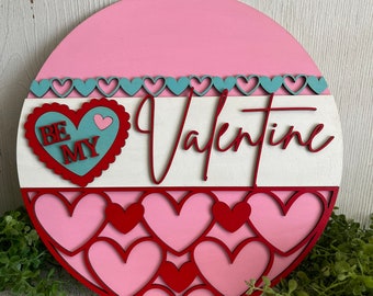 Valentine wood sign - Be my Valentine Heart home decor tiered tray wreath sign pink red aqua shelf sitter