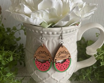 Summertime earrings - watermelon Wood dangle statement hinge fruit summer food July
