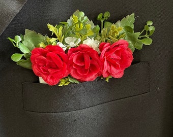 Pocket Boutonniere - Faux Floral Wedding Prom Casino Game night special event lapel tuxedo suit sport coat red