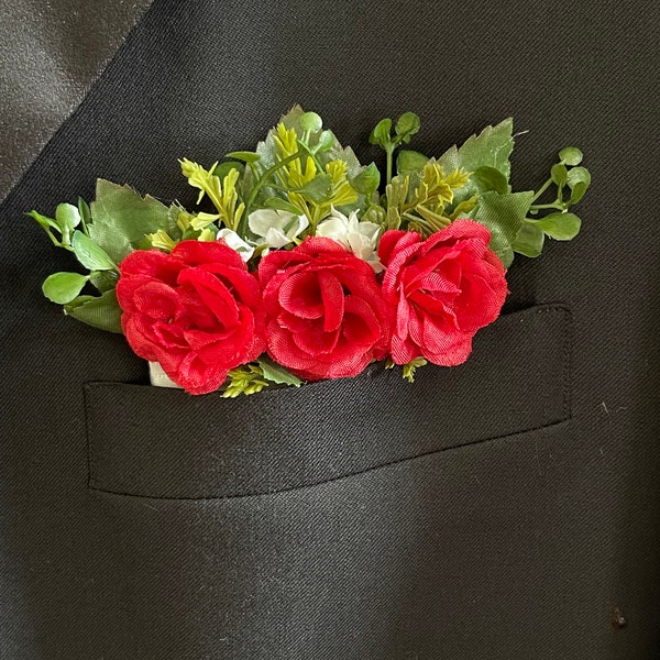 Pocket Boutonniere - Faux Floral Wedding Prom Casino Game night special event lapel tuxedo suit sport coat red