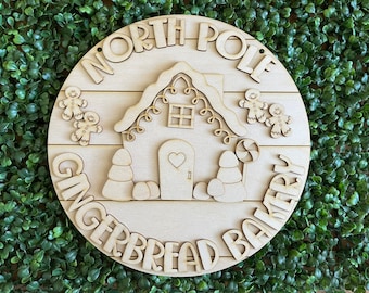 Christmas DIY wood sign - North Pole Gingerbread Bakery unfinished cut out door hanger wall decor craft supply sign kit blanks round wreath