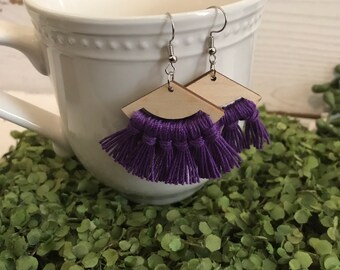 Fringe Earrings - dangle statement wood favor gift hoop boho