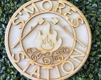 Smores Station DIY wood sign - Camping Welcome unfinished cut out door hanger wall decor craft supply sign kit blanks round wreath sign