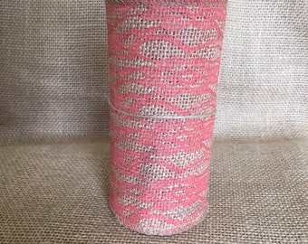 Coral Lace over Burlap Ribbon 5.5" x 8 ft Wedding Decor Jute Lace Wreath Shower Mother's Day Spring Summer Easter