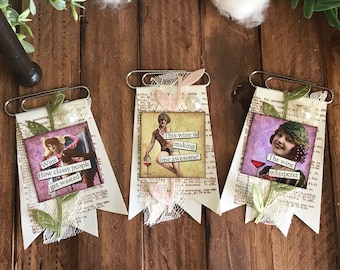 Handmade paper clips - Motivational planners junk journals ephemera vintage note bookmark altered embellishments scrapbook sassy humor wine