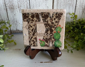 Texas Coaster - cowhide cactus home decor Cowboy pride farmhouse western state texan lone star state longhorn aqua