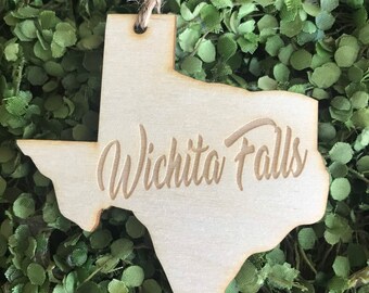 Wichita Falls Texas Tag Ornament - City hometown TX souvenir keepsake memory state 2020 wood laser engraved skyline welcome gift home