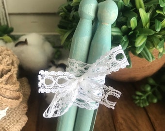 Wooden clothespin bundle - shabby vintage inspired tiered tray vignette decor lace pegs