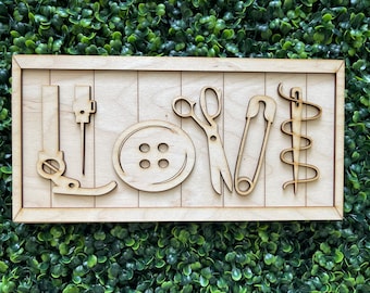 Sewing DIY wood sign - Quilt Seamstress Love fabric room unfinished cut out door hanger wall decor craft supply sign kit blanks scissors pin