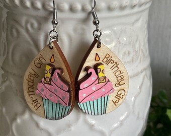 Birthday earrings - Wood dangle statement hand painted outfit accessories cake cupcake