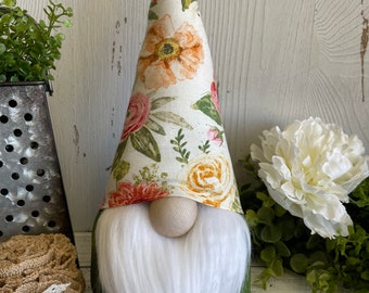 Spring Summer Gnome - Floral boho flowers rose pink peach cream white green shelf sitter vignette tiered tray centerpiece