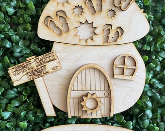 Mushroom house DIY wood shelf sitter - Summer standing unfinished cut out home decor craft supply sign kit blanks sign gnome