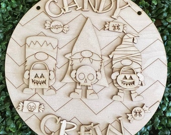 DIY Halloween wood sign - Candy Crew vampire mummy Frankenstein Whimsy colorful October candy trick or treat bat