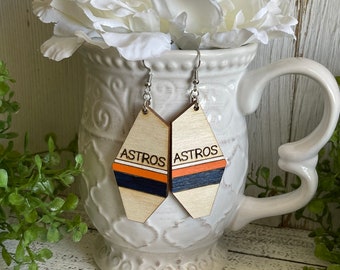 Astros earrings - orange white blue dangle statement wood USA America Patriotic handmade jewelry