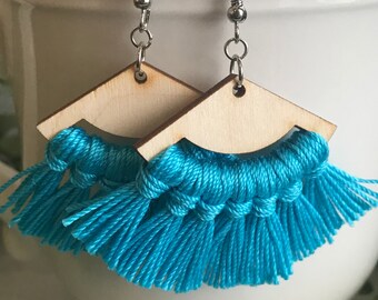 Fringe Earrings - dangle statement wood favor gift hoop boho aqua