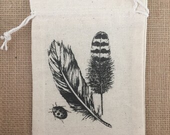 Feather Print - Drawstring Cotton Bag - Perfect for gifts and favors 4.25" x 6"