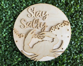 DIY wood sign - Stay Salty Saltwater unfinished cut out door hanger wall decor craft supply sign kit blanks round wreath sign beach