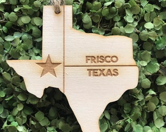Frisco Texas Tag Ornament - City hometown TX souvenir keepsake memory state 2020 2021 wood laser engraved welcome gift home
