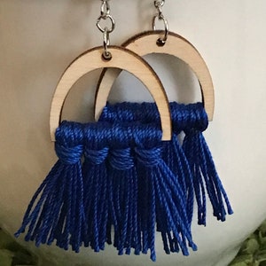 Blue Fringe Earrings - dangle statement wood favor gift hoop boho