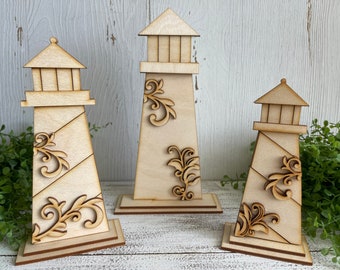 DIY Lighthouse Shelf Sitter - Nautical Coastal Sea Ocean boat ships tiered tray vignette wood sign vintage rustic flourish floral