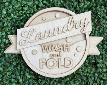 Laundry DIY wood sign - Wash and Fold unfinished cut out door hanger wall decor craft supply sign kit blanks round wreath sign