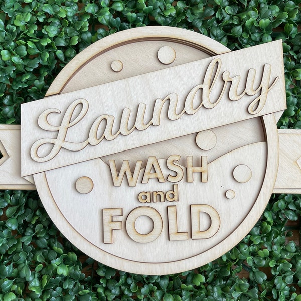 Laundry DIY wood sign - Wash and Fold unfinished cut out door hanger wall decor craft supply sign kit blanks round wreath sign