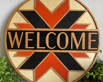 Welcome wood sign - Orange Black Quilt style finished stained door hanger wall decor craft supply round wreath sign