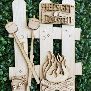 Fence DIY wood sign - Camping s’mores Let’s get toasted unfinished cut out door hanger wall decor craft supply sign kit blanks wreath