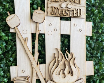 Fence DIY wood sign - Camping s’mores Let’s get toasted unfinished cut out door hanger wall decor craft supply sign kit blanks wreath